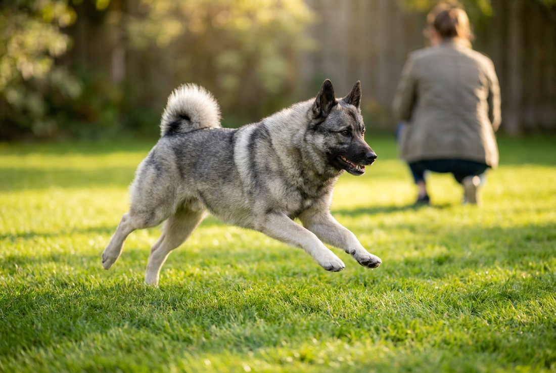 Adult Norwegian Elkhound relaxing at home in a family setting
