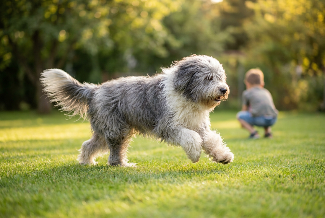 Adult Polish Lowland Sheepdog relaxing at home in a family setting