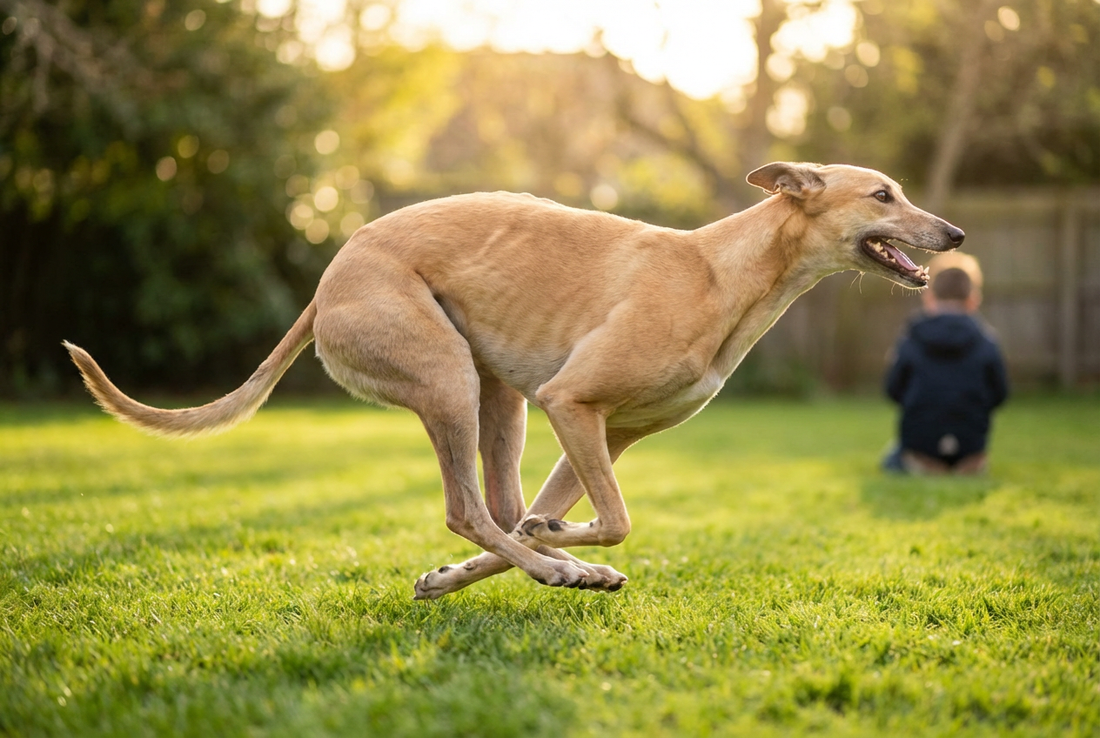 Adult Greyhound relaxing at home in a family setting