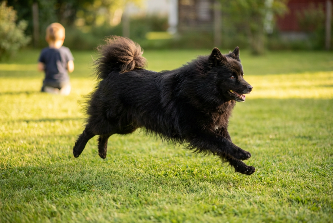Adult Finnish Lapphund relaxing at home in a family setting