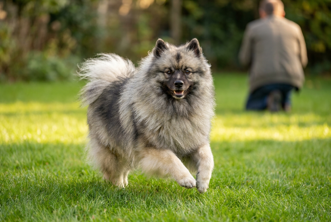 Adult Keeshond relaxing at home in a family setting