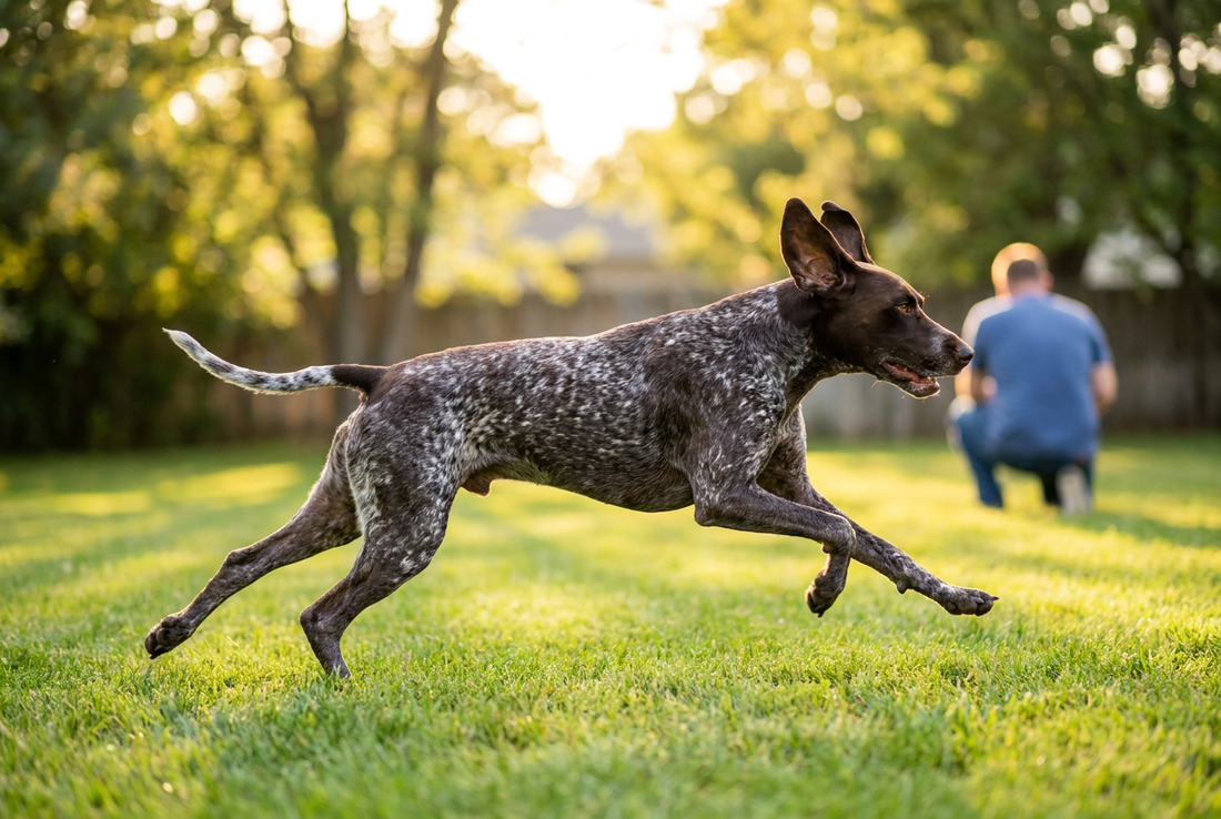Adult German Shorthaired Pointer relaxing at home in a family setting