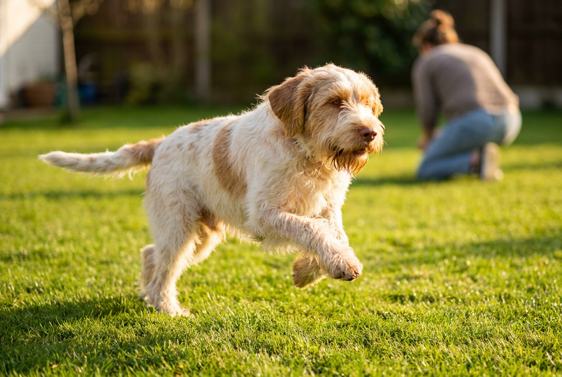 Adult Spinone Italiano relaxing at home in a family setting