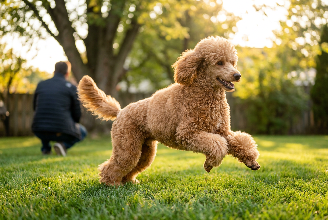 Adult Miniature Poodle relaxing at home in a family setting