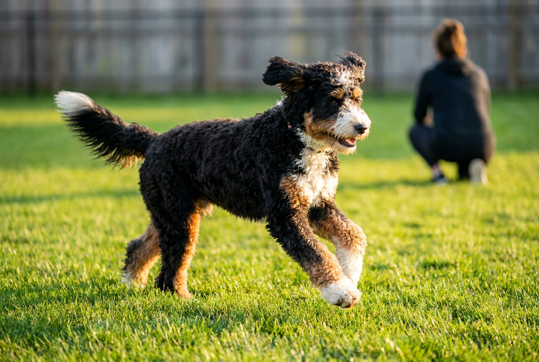 Adult Bernedoodle relaxing at home in a family setting