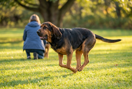 Adult Bloodhound relaxing at home in a family setting