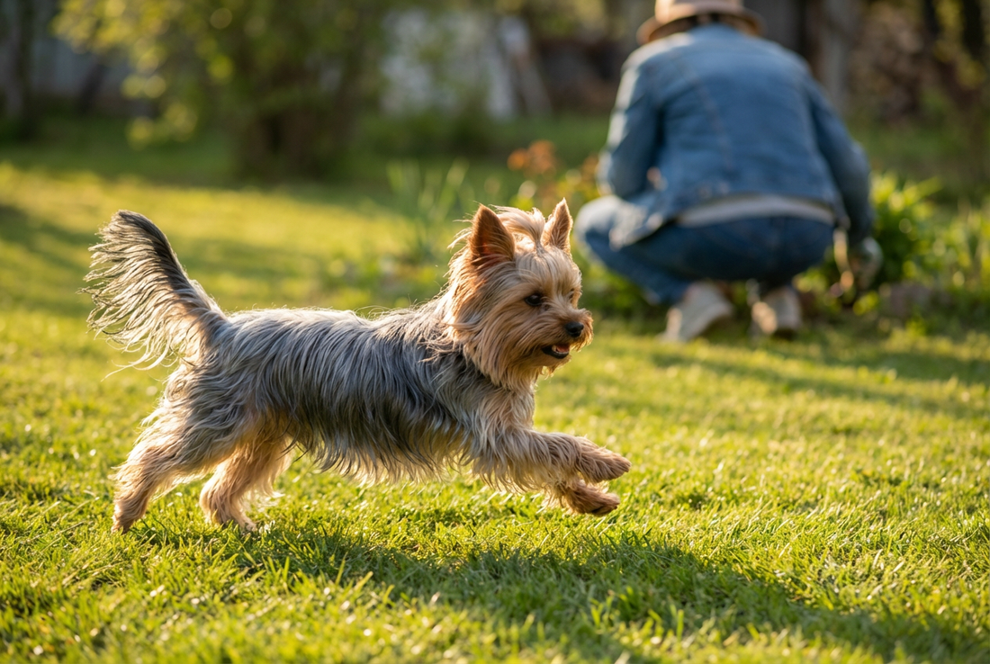 Adult Yorkshire Terrier relaxing at home in a family setting