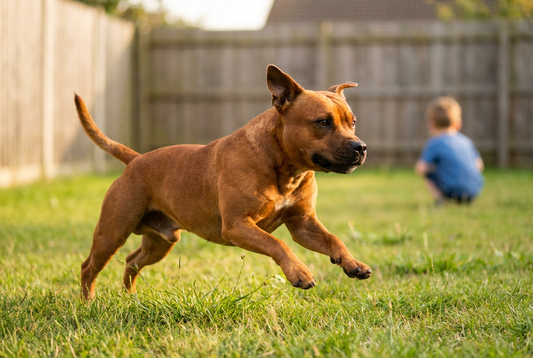 Adult Staffordshire Bull Terrier relaxing at home in a family setting