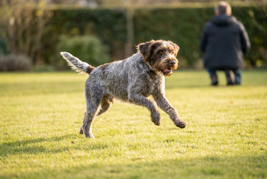 Adult Wirehaired Pointing Griffon relaxing at home in a family setting