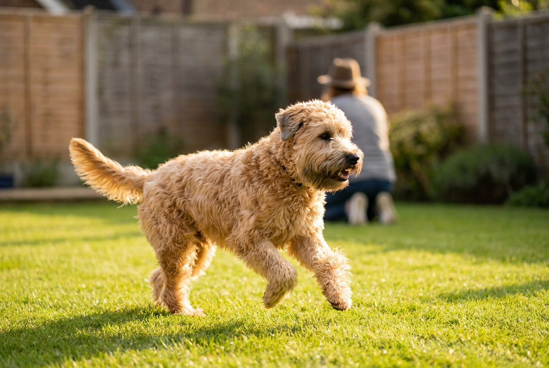 Adult Soft Coated Wheaten Terrier relaxing at home in a family setting