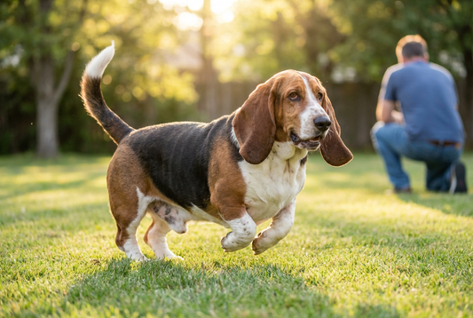 Adult Basset Hound relaxing at home in a family setting