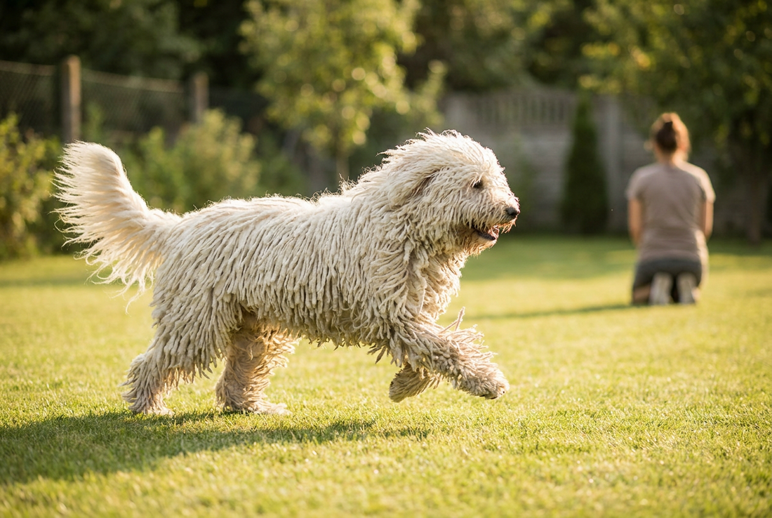 Adult Komondor relaxing at home in a family setting
