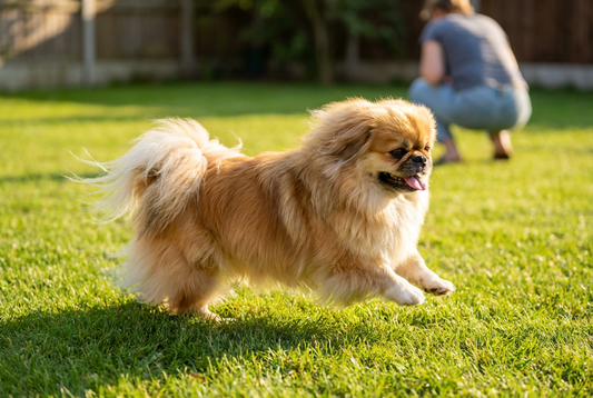 Adult Pekingese relaxing at home in a family setting