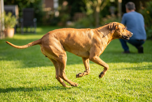 Adult Rhodesian Ridgeback relaxing at home in a family setting