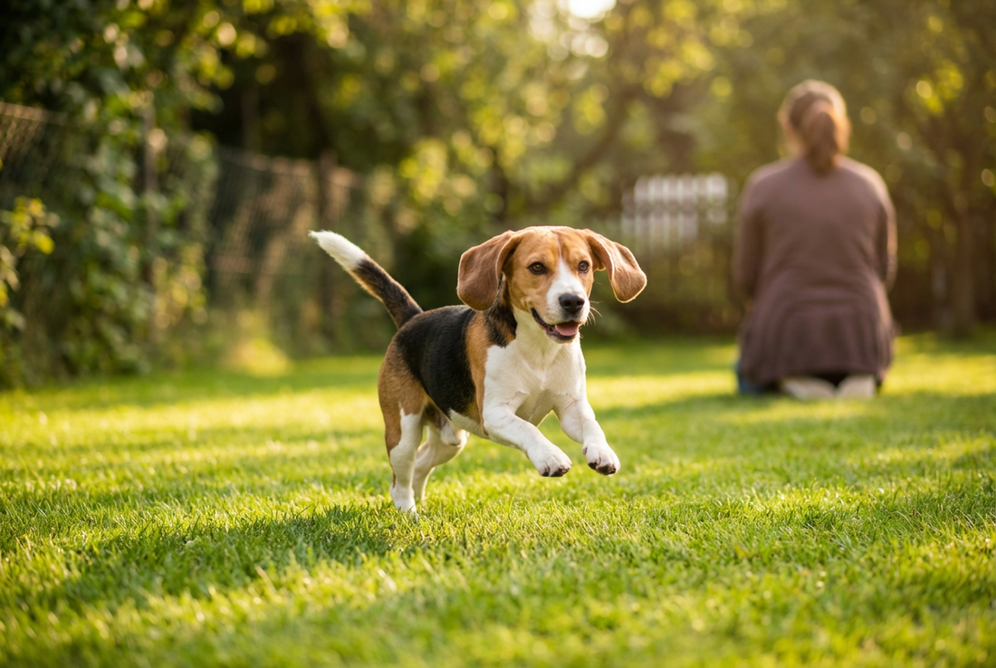 Adult Beagle relaxing at home in a family setting
