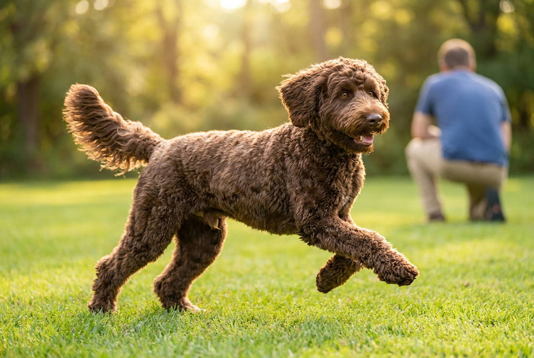 Adult Labradoodle relaxing at home in a family setting