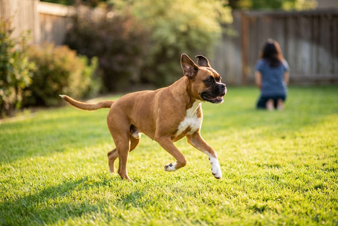 Adult Boxer relaxing at home in a family setting