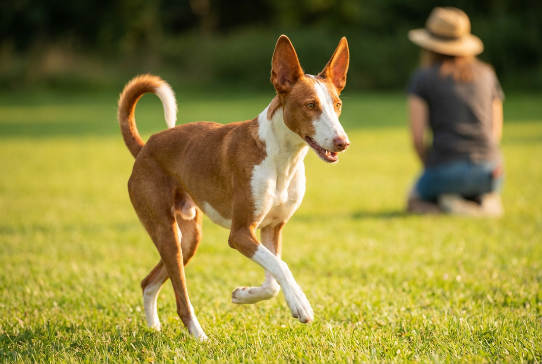 Adult Ibizan Hound relaxing at home in a family setting