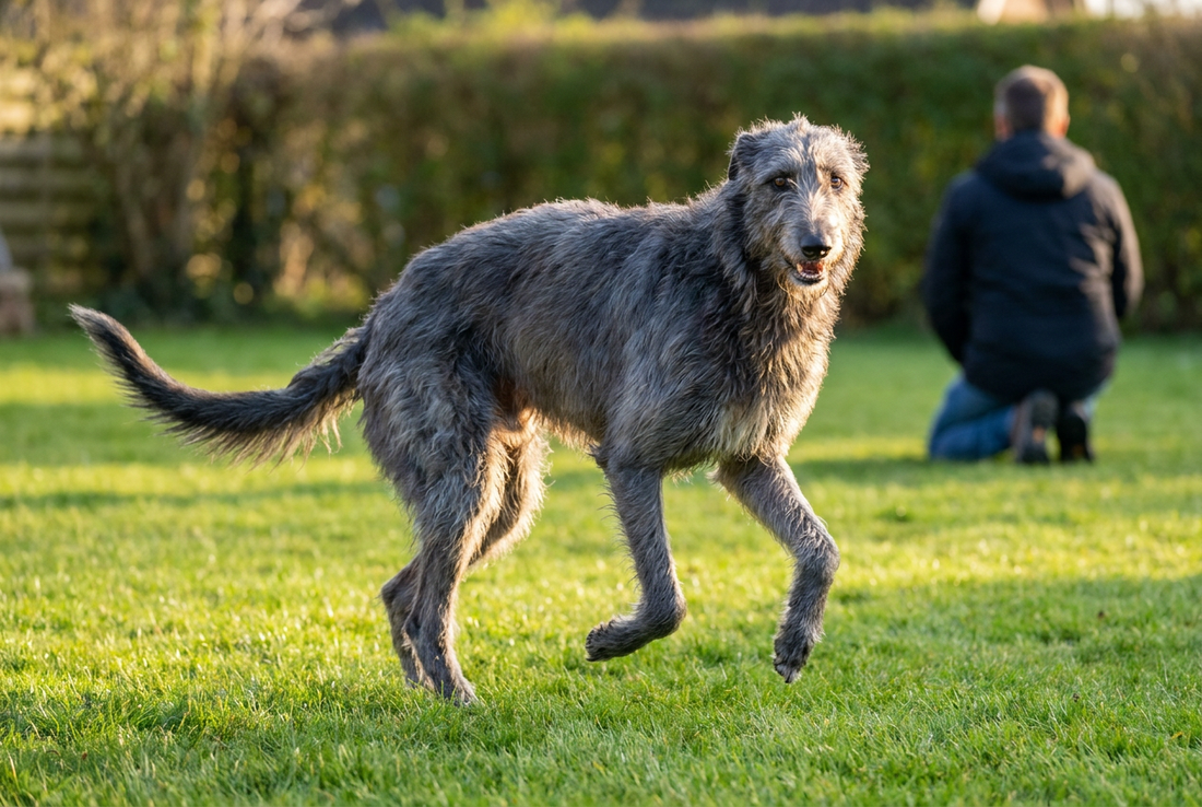 Adult Scottish Deerhound relaxing at home in a family setting