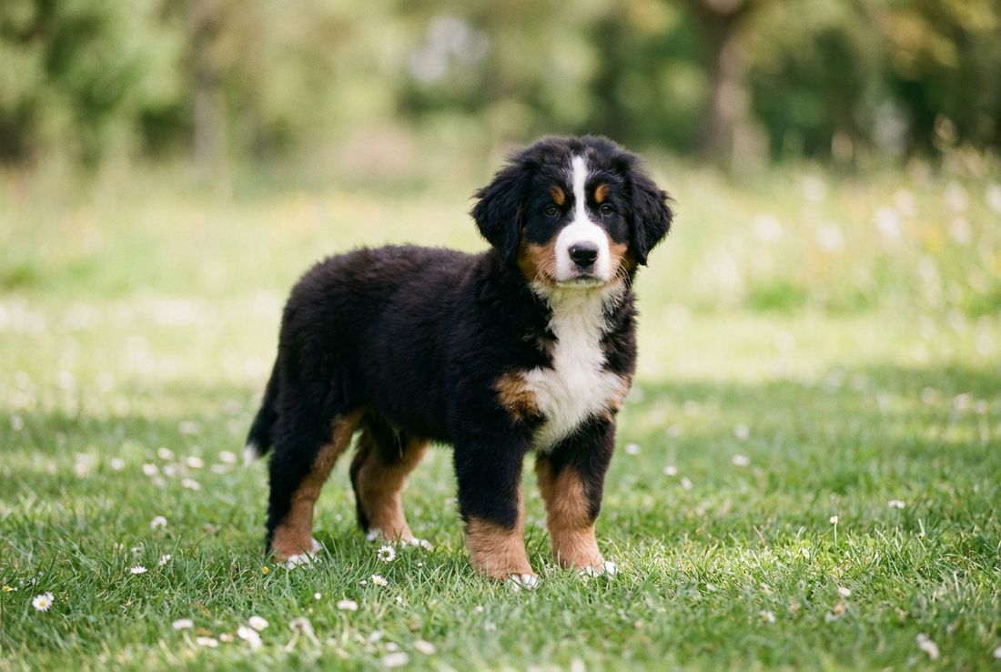 Eight-week-old Bernese Mountain Dog puppy with fluffy tri-color puppy double coat