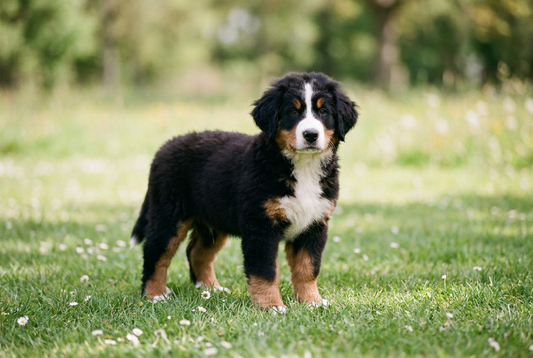 Eight-week-old Bernese Mountain Dog puppy with fluffy tri-color puppy double coat