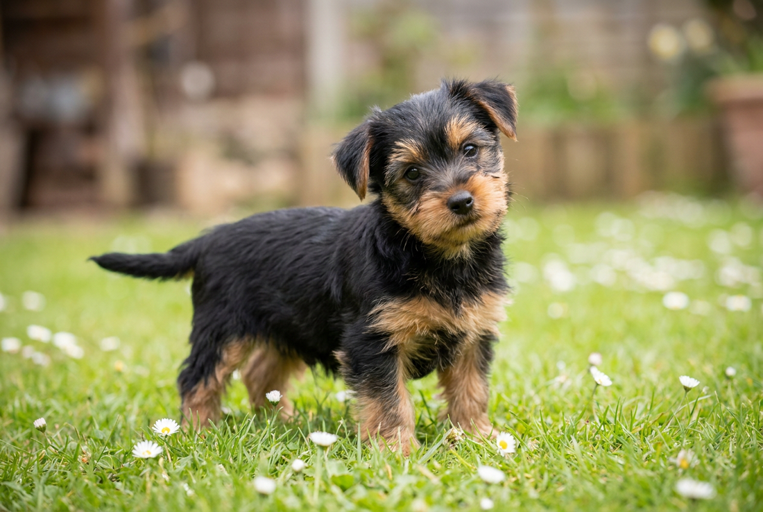 Eight-week-old Silky Terrier puppy with soft black-and-tan puppy coat