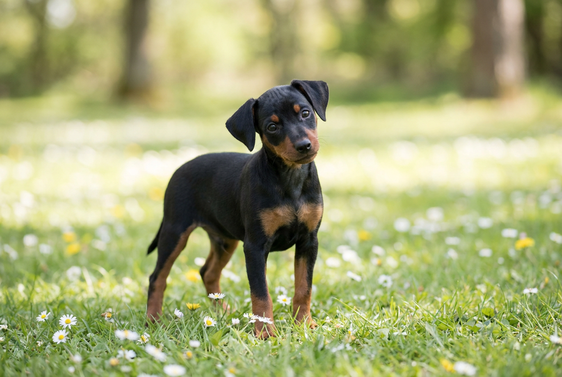 Eight-week-old Miniature Pinscher puppy with smooth black-and-rust puppy coat
