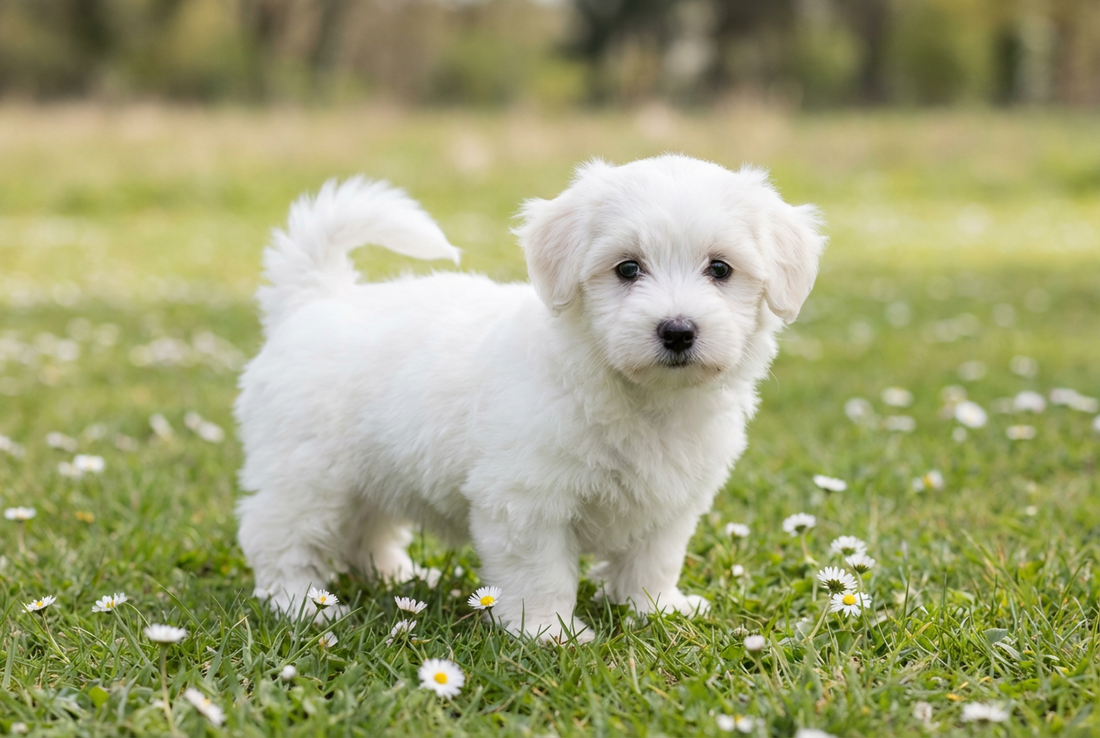 Eight-week-old Coton de Tulear puppy with soft fluffy white puppy coat