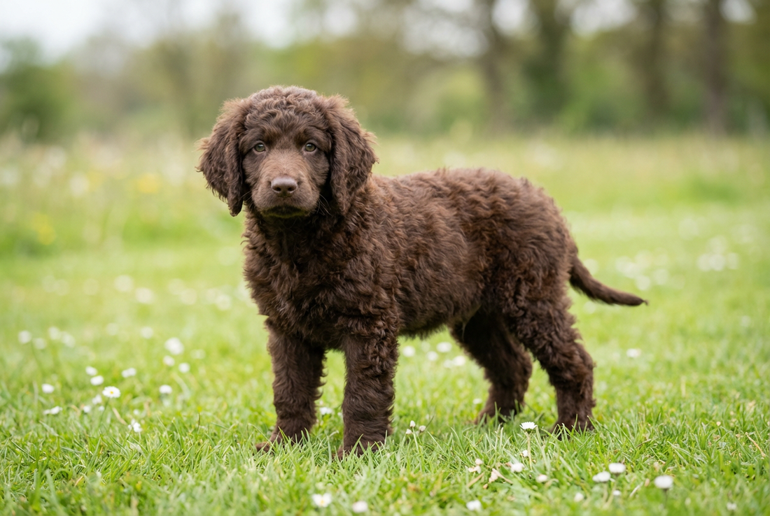Eight-week-old Irish Water Spaniel puppy with soft curly liver puppy coat