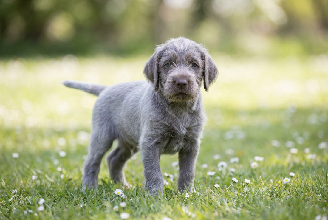 Eight-week-old Wirehaired Pointing Griffon puppy with soft steel-gray puppy coat (before the wiry adult coat develops)