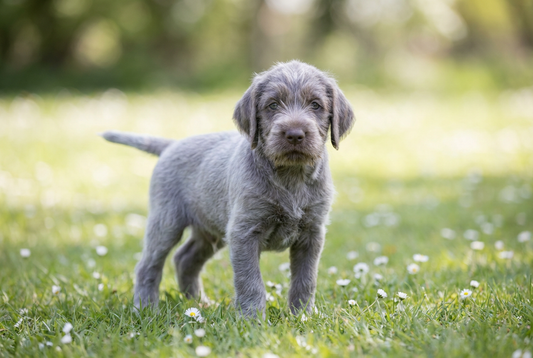 Eight-week-old Wirehaired Pointing Griffon puppy with soft steel-gray puppy coat (before the wiry adult coat develops)