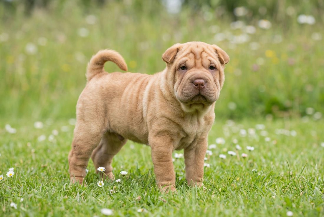 Eight-week-old Chinese Shar-Pei puppy with deeply wrinkled fawn puppy coat (extreme wrinkles)