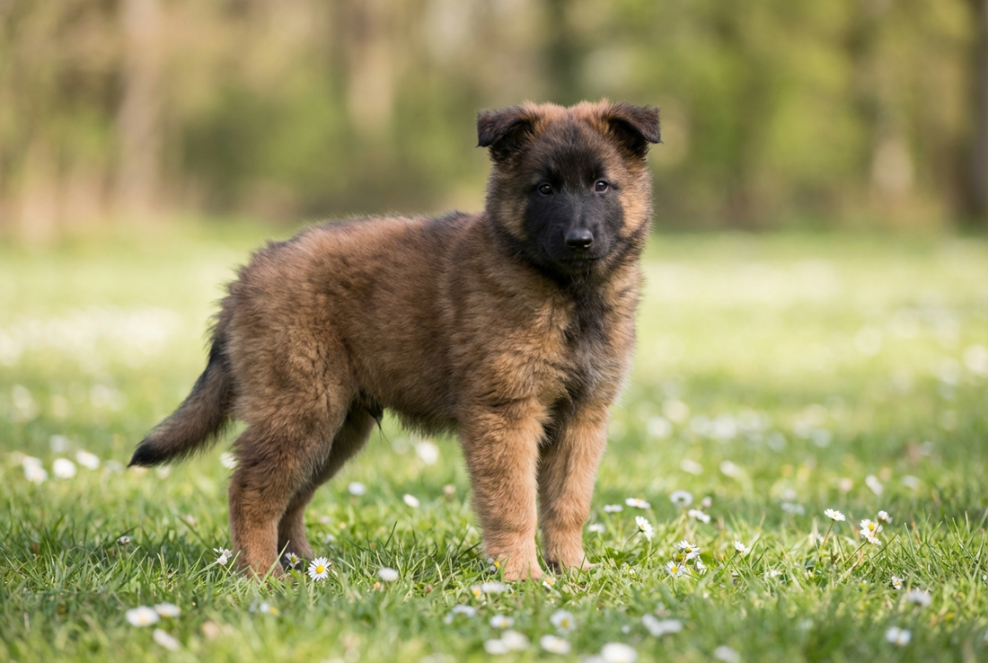 Eight-week-old Belgian Tervuren puppy with fluffy mahogany puppy coat