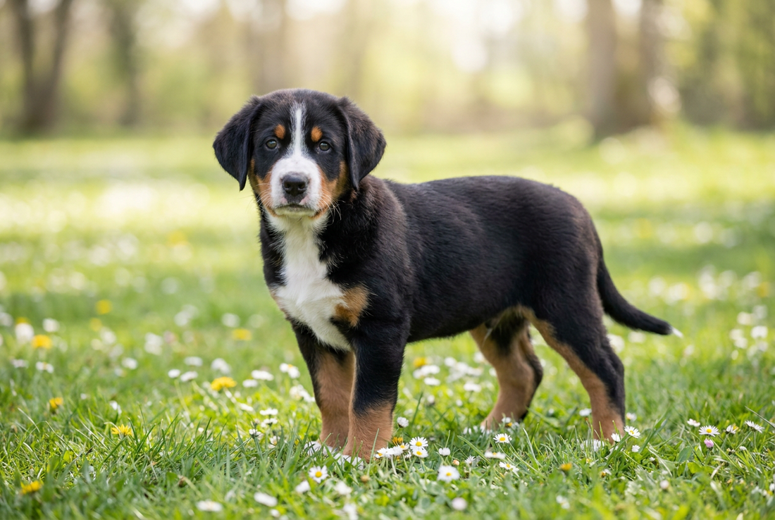 Eight-week-old Greater Swiss Mountain Dog puppy with soft tricolor puppy coat