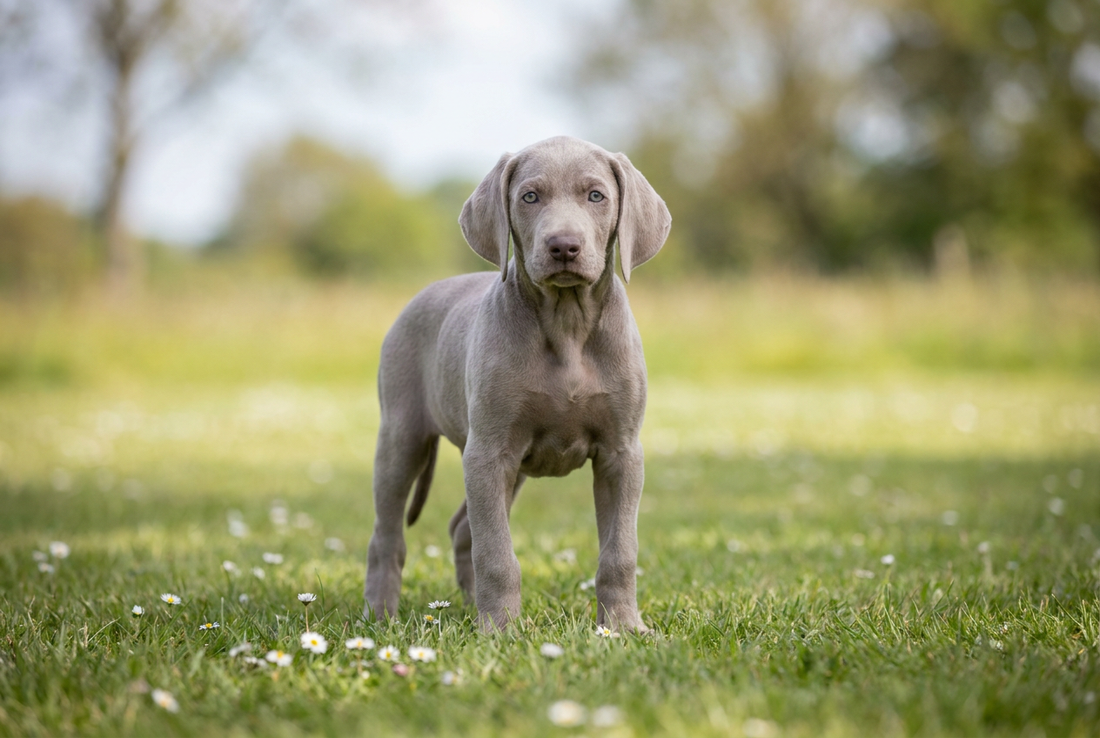 Eight-week-old Weimaraner puppy with smooth silver-gray puppy coat with pale blue eyes