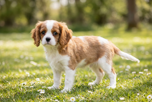 Eight-week-old Cavalier King Charles Spaniel puppy with soft Blenheim puppy coat