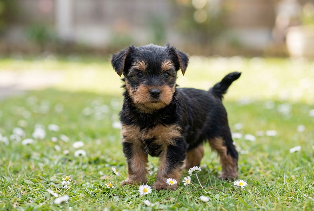 Eight-week-old Yorkshire Terrier puppy with soft black-and-tan puppy coat (color matures over months)