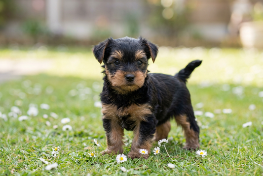 Eight-week-old Yorkshire Terrier puppy with soft black-and-tan puppy coat (color matures over months)