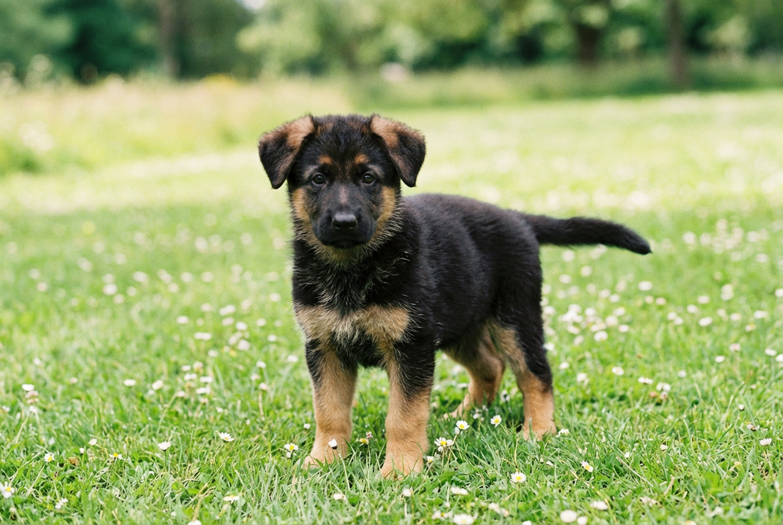 Eight-week-old German Shepherd Dog puppy with soft black-and-tan puppy coat with floppy ears