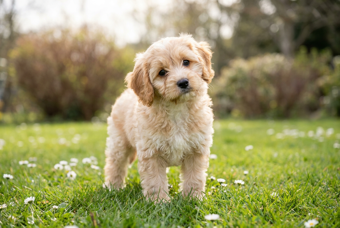 Eight-week-old Cavapoo puppy with soft fluffy cream-and-apricot puppy coat