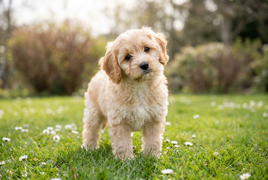 Eight-week-old Cavapoo puppy with soft fluffy cream-and-apricot puppy coat