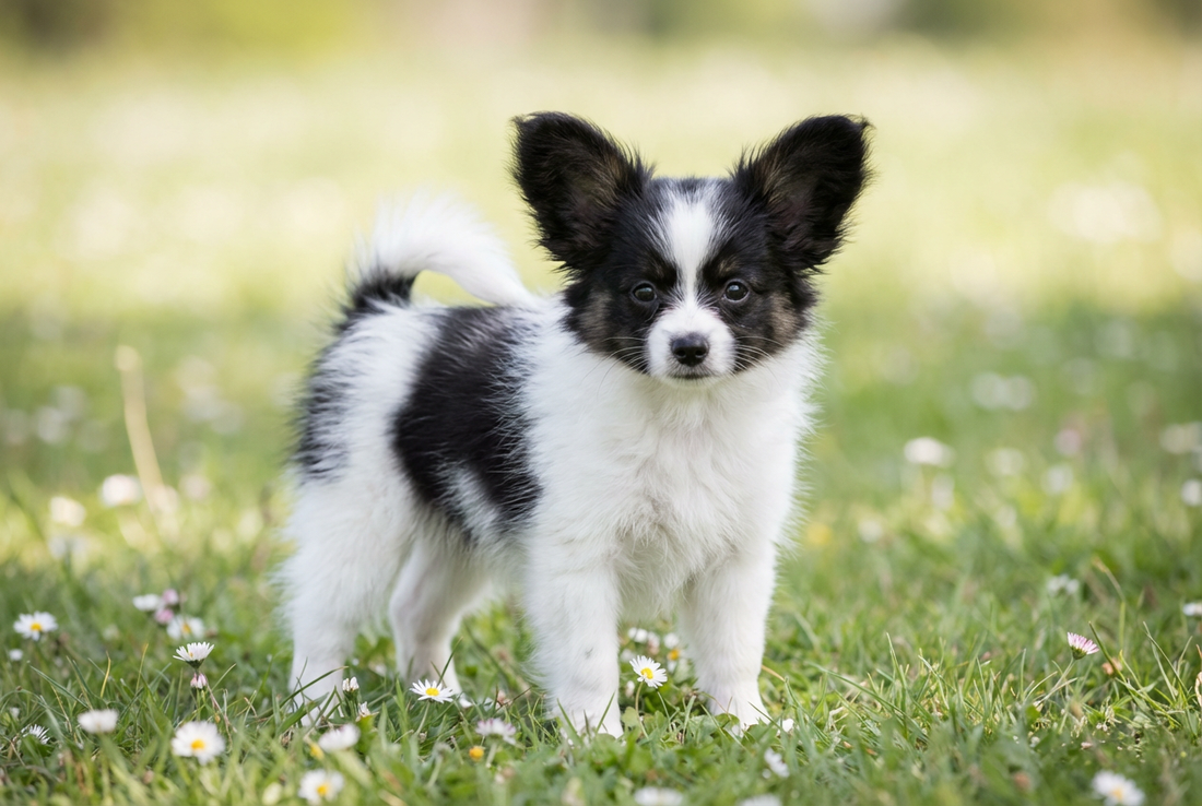 Eight-week-old Papillon puppy with soft black-and-white puppy coat with oversized fringed ears