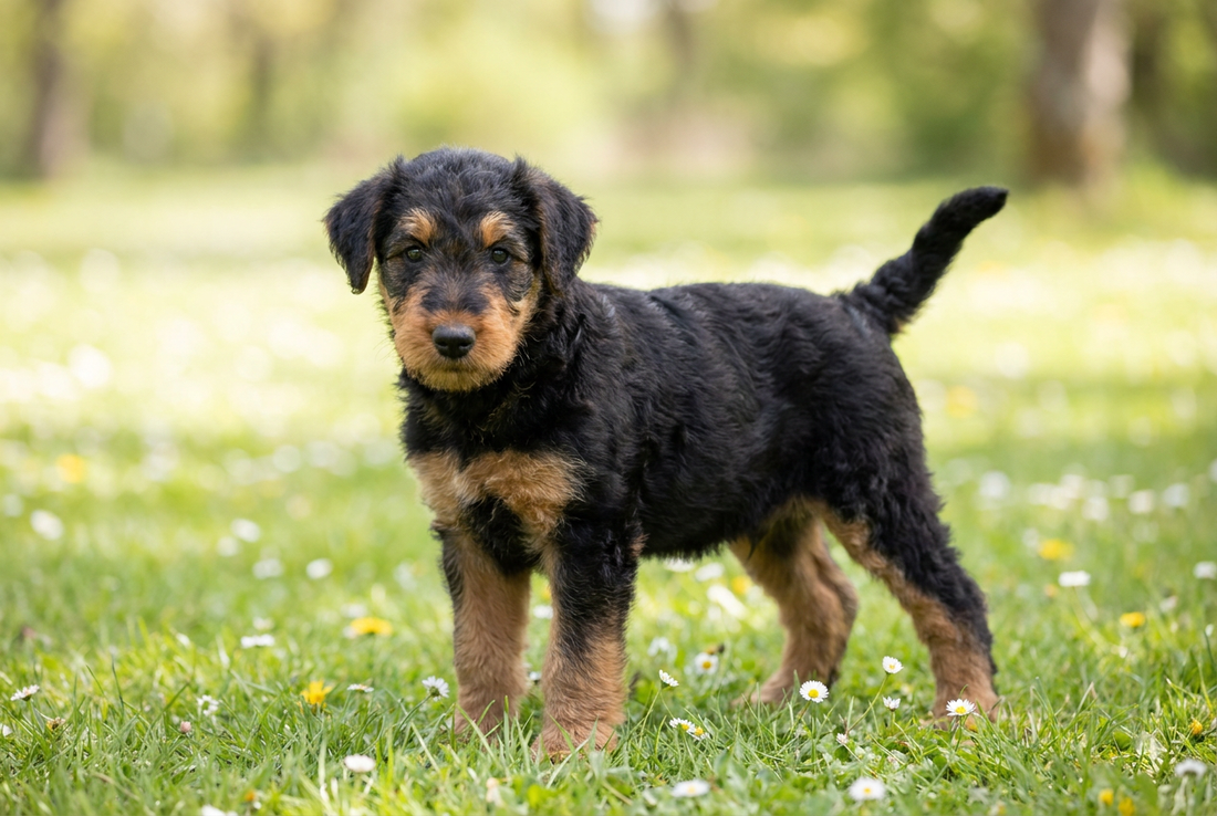 Eight-week-old Airedale Terrier puppy with soft fluffy black-and-tan puppy coat (still soft, before the wiry adult coat develops)