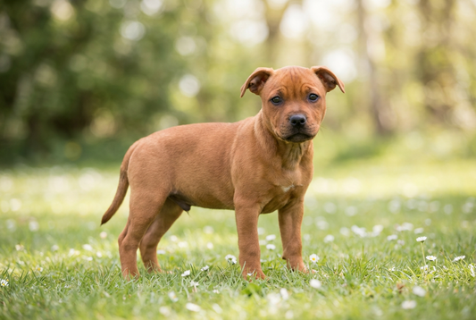 Eight-week-old Staffordshire Bull Terrier puppy with smooth red puppy coat