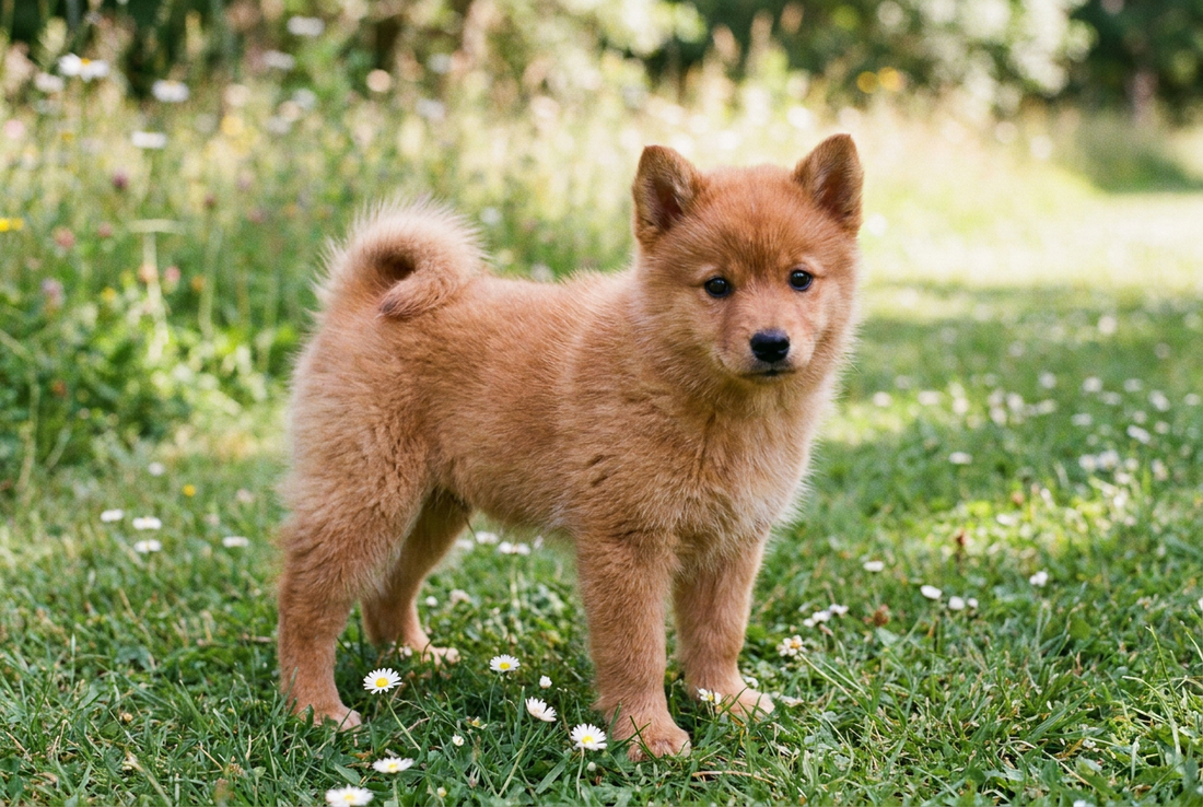 Eight-week-old Finnish Spitz puppy with fluffy red puppy coat