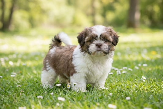Eight-week-old Shih Tzu puppy with soft puppy coat with flat brachycephalic face
