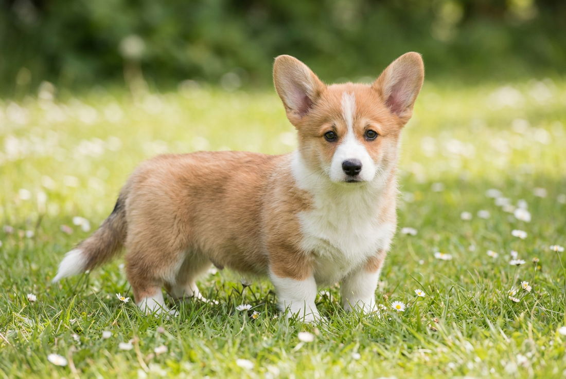Eight-week-old Pembroke Welsh Corgi puppy with fluffy red-and-white puppy coat with oversized ears