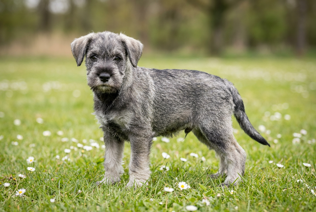 Eight-week-old Standard Schnauzer puppy with soft salt-and-pepper puppy coat