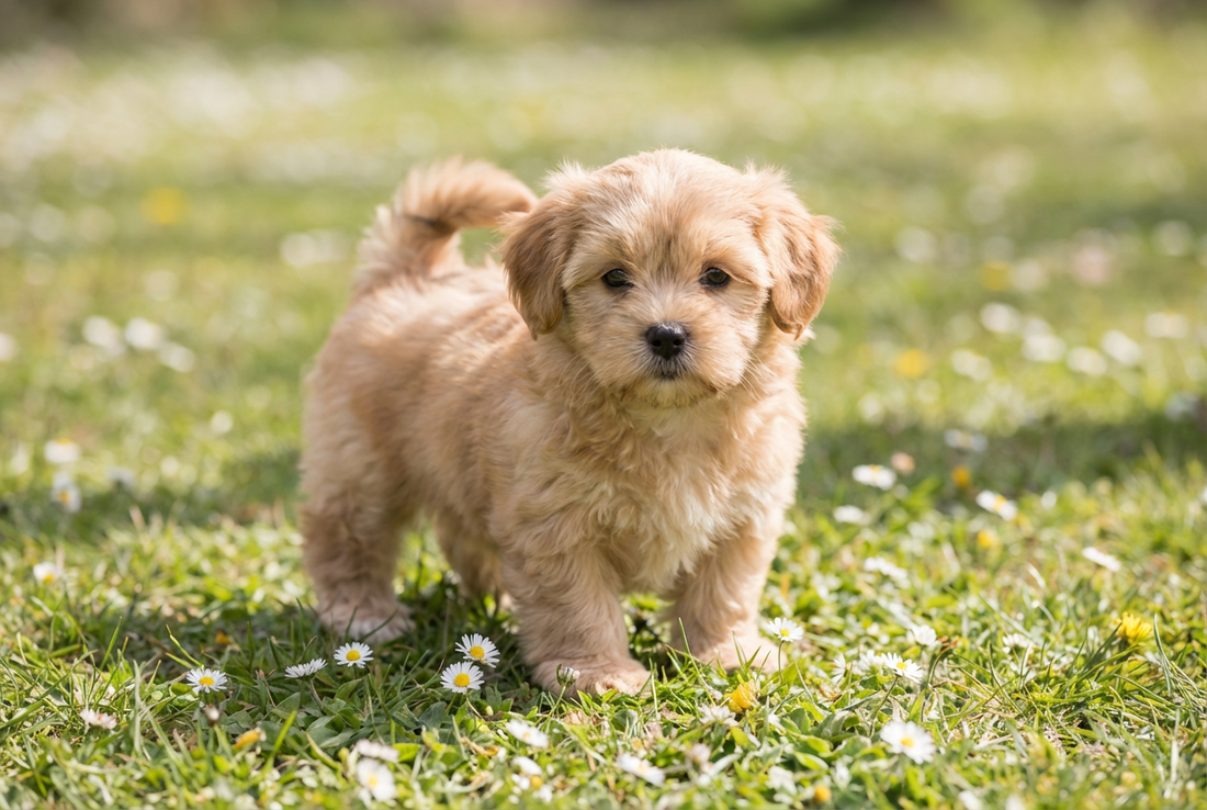 Eight-week-old Lhasa Apso puppy with soft golden puppy coat