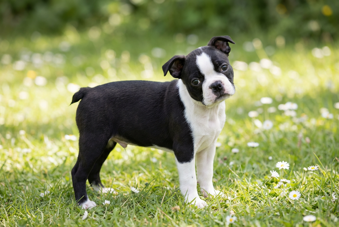Eight-week-old Boston Terrier puppy with smooth tuxedo puppy coat